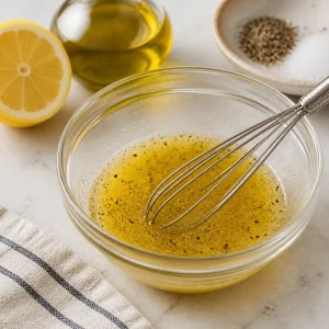Lemon olive oil vinaigrette in a small bowl