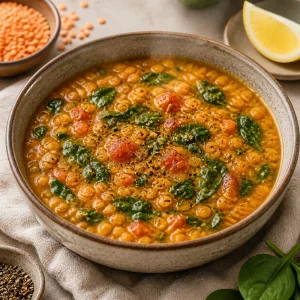 Zuppa pronta di lenticchie e spinaci con pomodori e pepe