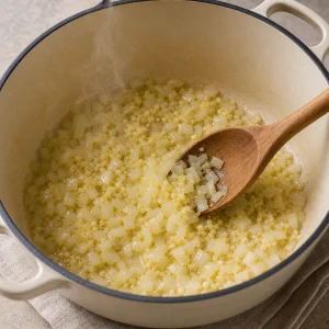 Cipolla e aglio soffritti in olio d oliva in una pentola