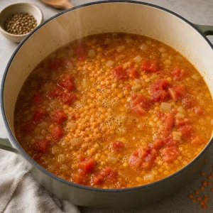 Lenticchie rosse, pomodori e brodo in ebollizione in pentola