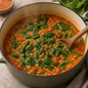Spinaci che appassiscono nella zuppa di lenticchie e pomodoro