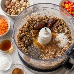 Nut and date mixture blended in a food processor