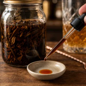 A dropper tasting a single amber drop of steeped bitters beside the infusion jar.