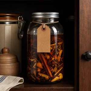 A sealed jar of bitters infusion resting in a dark kitchen cupboard.