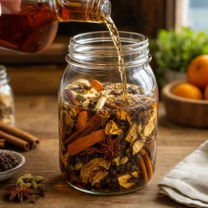 Amber whiskey being poured over botanicals in a glass jar until fully submerged.