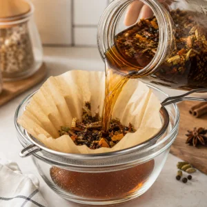 Steeped bitters being strained through a coffee filter and fine mesh strainer into a bowl.