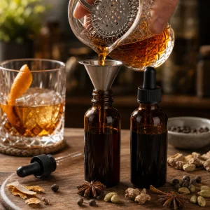Strained aromatic bitters being funneled into small amber glass dropper bottles.