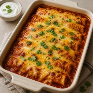 Baked beef enchiladas with bubbling sauce and browned cheese