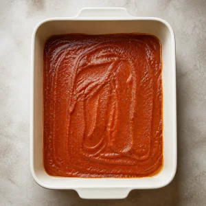 Red enchilada sauce spread in a baking dish