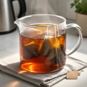 Bustine di te nero in infusione in acqua calda per ottenere te ambrato intenso