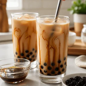 Sciroppo di zucchero di canna mescolato nel bubble tea cremoso con striature di caramello