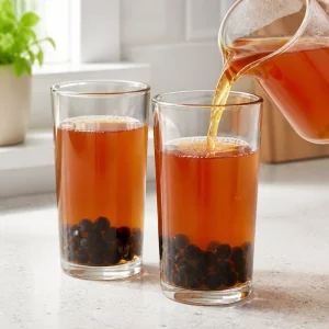 Te nero freddo versato sulle perle di tapioca in bicchieri alti