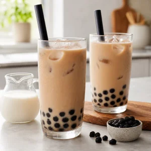 Bubble tea fatto in casa finito con te al latte cremoso ghiaccio e perle di tapioca lucide