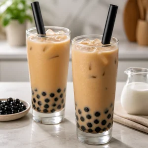 Bubble tea freddo finito servito con cannucce larghe per boba