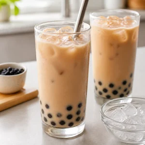 Cubetti di ghiaccio aggiunti al bubble tea cremoso e mescolati finche freddo