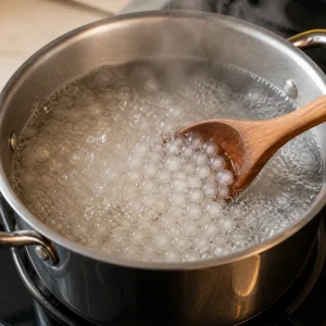 Perle di tapioca che bollono in acqua fino a diventare traslucide con piccoli centri bianchi