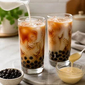 Latte intero e latte condensato zuccherato che vorticano nel te