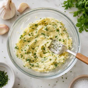 Размягченное масло с чесноком петрушкой чесночным порошком и солью