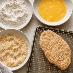 Breaded chicken cutlet on a rack beside breading dishes