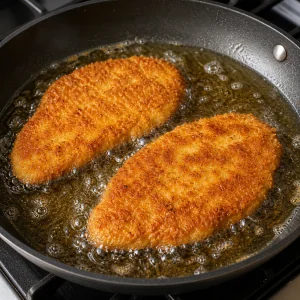 Breaded chicken cutlets frying in bubbling oil