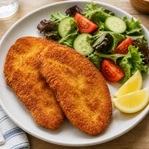Chicken schnitzel served with lemon wedges and mixed salad