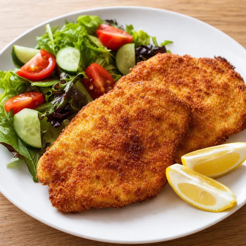 Golden chicken schnitzel with lemon wedges and side salad