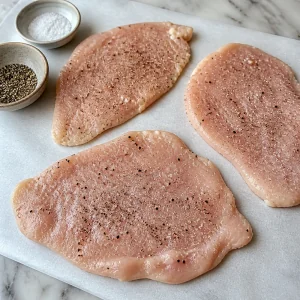 Raw chicken cutlets seasoned with salt and pepper