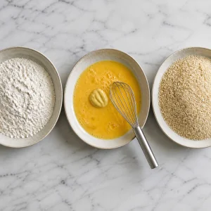 Three dishes with flour, egg mixture, and breadcrumbs