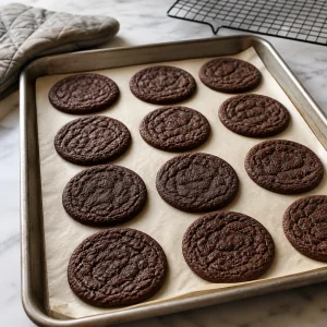 Baked cocoa wafers flattened on a parchment-lined tray.