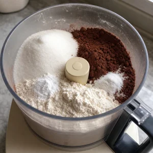 Dry cookie ingredients layered in a food processor bowl.