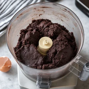 Thick dark chocolate cookie dough gathered in the processor.
