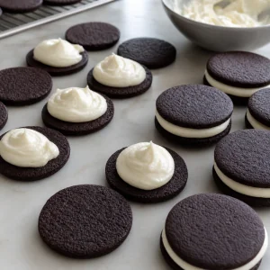Vanilla cream piped onto chocolate wafers for sandwich cookies.