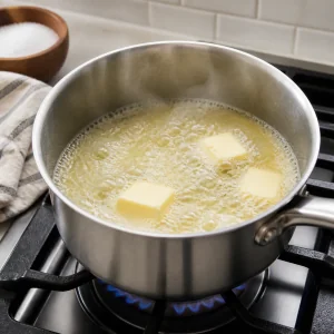 Butter, water, sugar, and salt boiling in a saucepan for churro dough.