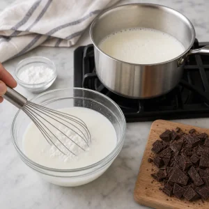 Cornstarch whisked into milk beside simmering milk and chopped chocolate.