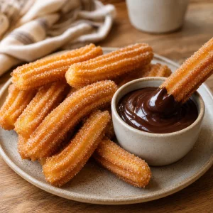 Finished homemade churros with thick chocolate dipping sauce.