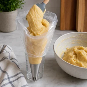 Glossy churro dough transferred into a piping bag with a star tip.