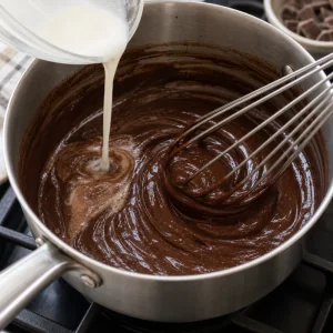 Thick glossy chocolate sauce whisked with a cornstarch slurry.