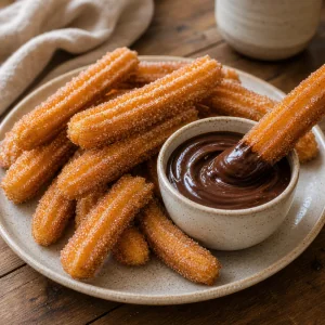 Warm homemade churros served with thick chocolate dipping sauce.