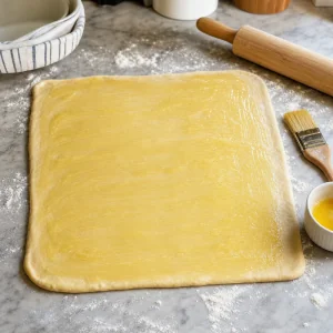 Cinnamon roll dough rolled into a rectangle and brushed with melted butter
