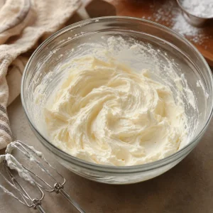 Cream cheese frosting beaten until smooth with butter, powdered sugar, and vanilla