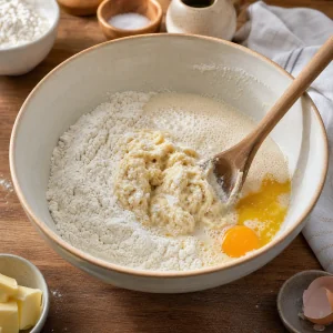 Flour, sugar, salt, yeast mixture, melted butter, and egg mixed into soft dough