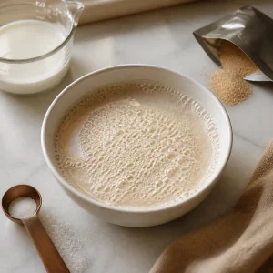 Foamy yeast mixture blooming in warm milk with sugar for cinnamon roll dough