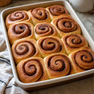 Golden baked cinnamon rolls risen and browned in a baking pan before frosting