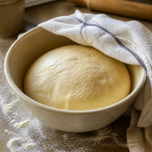 Smooth cinnamon roll dough rising in a greased bowl under a damp towel