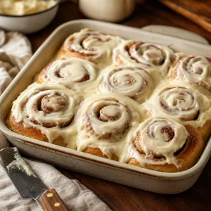 Warm cinnamon rolls generously spread with cream cheese frosting in the pan