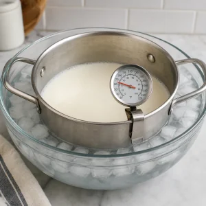 Heated milk cooling in an ice bath to starter temperature