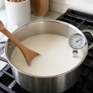 Milk heating in a heavy pot with a thermometer for homemade Greek yogurt