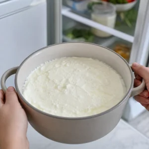 Set yogurt with soft curd ready to chill in the refrigerator