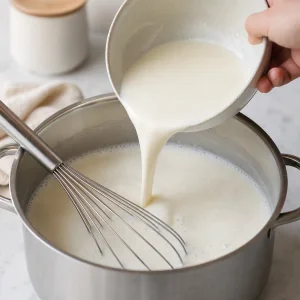 Smooth yogurt starter mixture poured back into the pot of warm milk