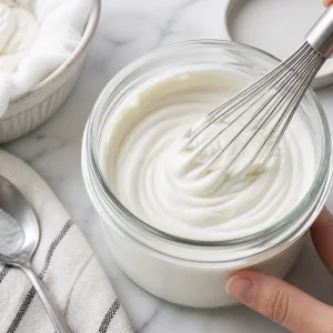 Thick strained Greek yogurt whisked smooth in a clean container